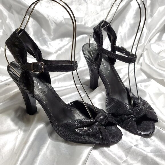 NEW APOSTROPHE black strappy snakeskin print sling back open toe heels  MALEK 9 - Picture 1 of 5